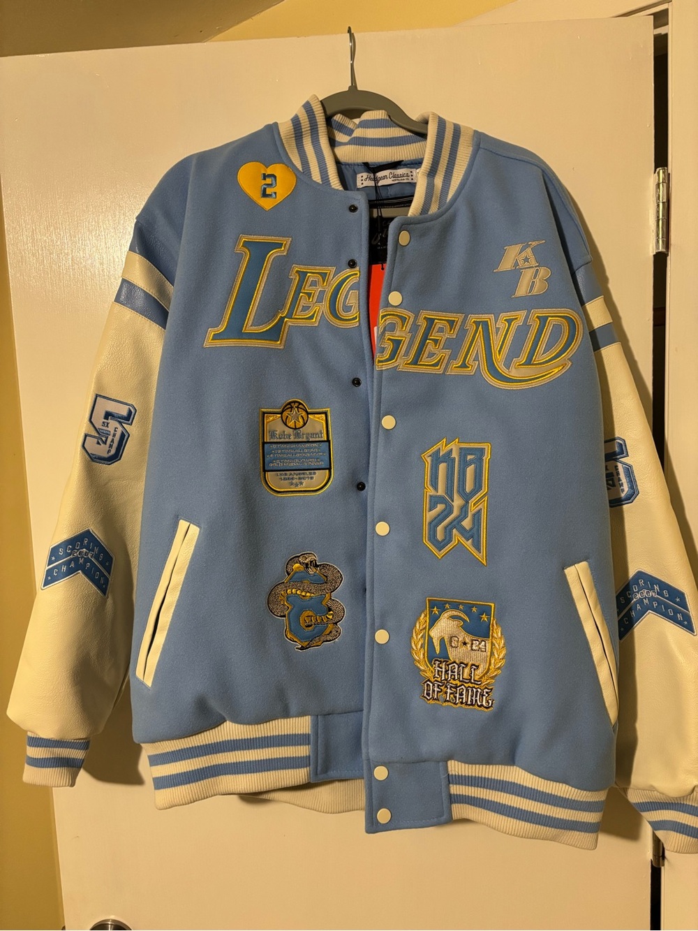 Kobe Bryant Mamba Light Blue Satin-Lined Varsity Jacket with Yellow Graphic